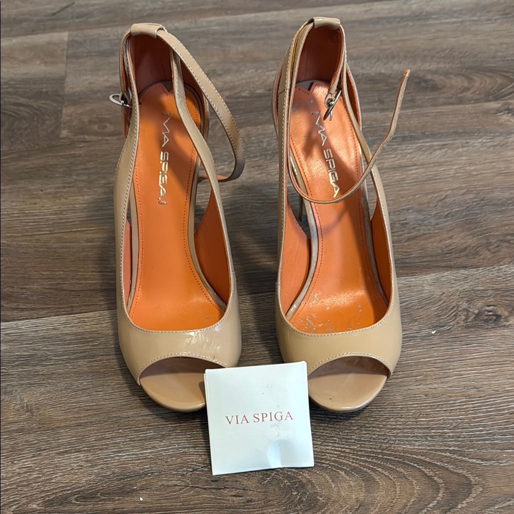 Via Spiga Tan Peep Toe Stiletto Heels
